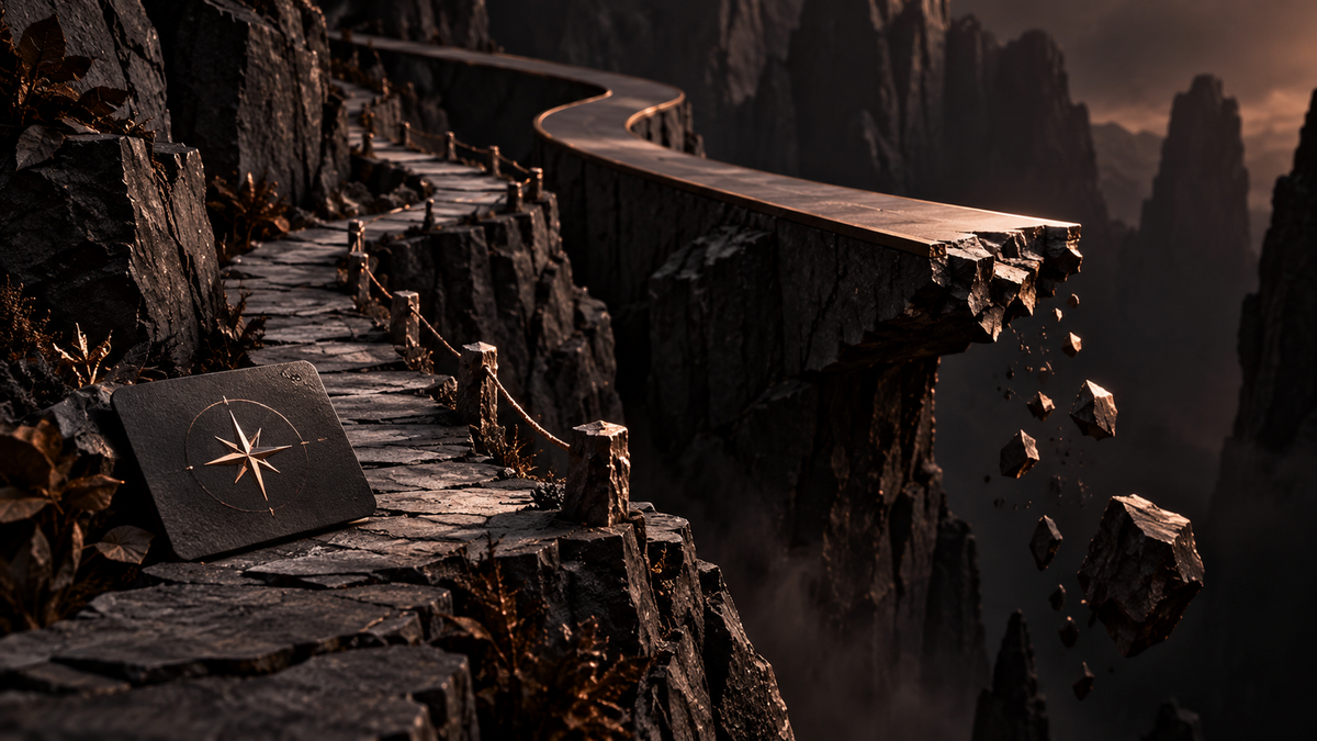 Broken shortcut path over a dark ravine beside a black card
