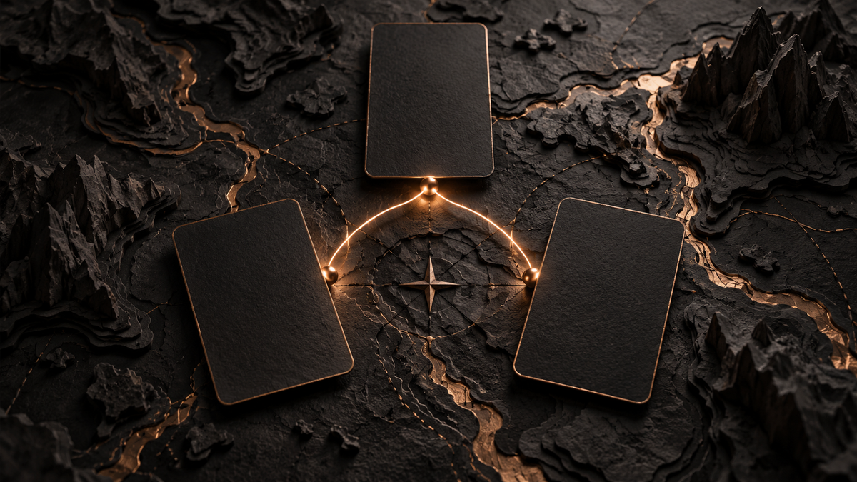 Three black cards on an abstract stone map
