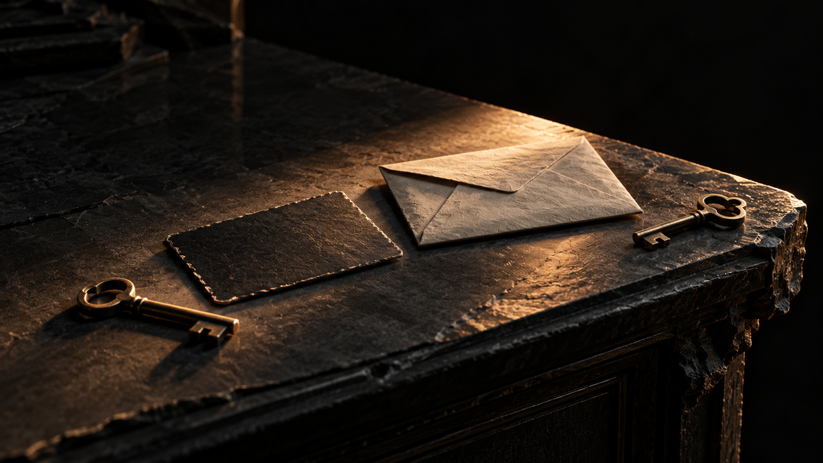 Black card, sealed envelope and two keys on a dark desk