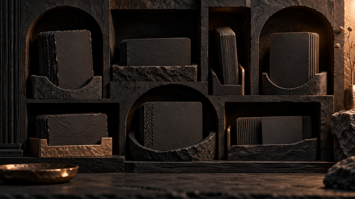 Unmarked black cards stored in separate stone niches