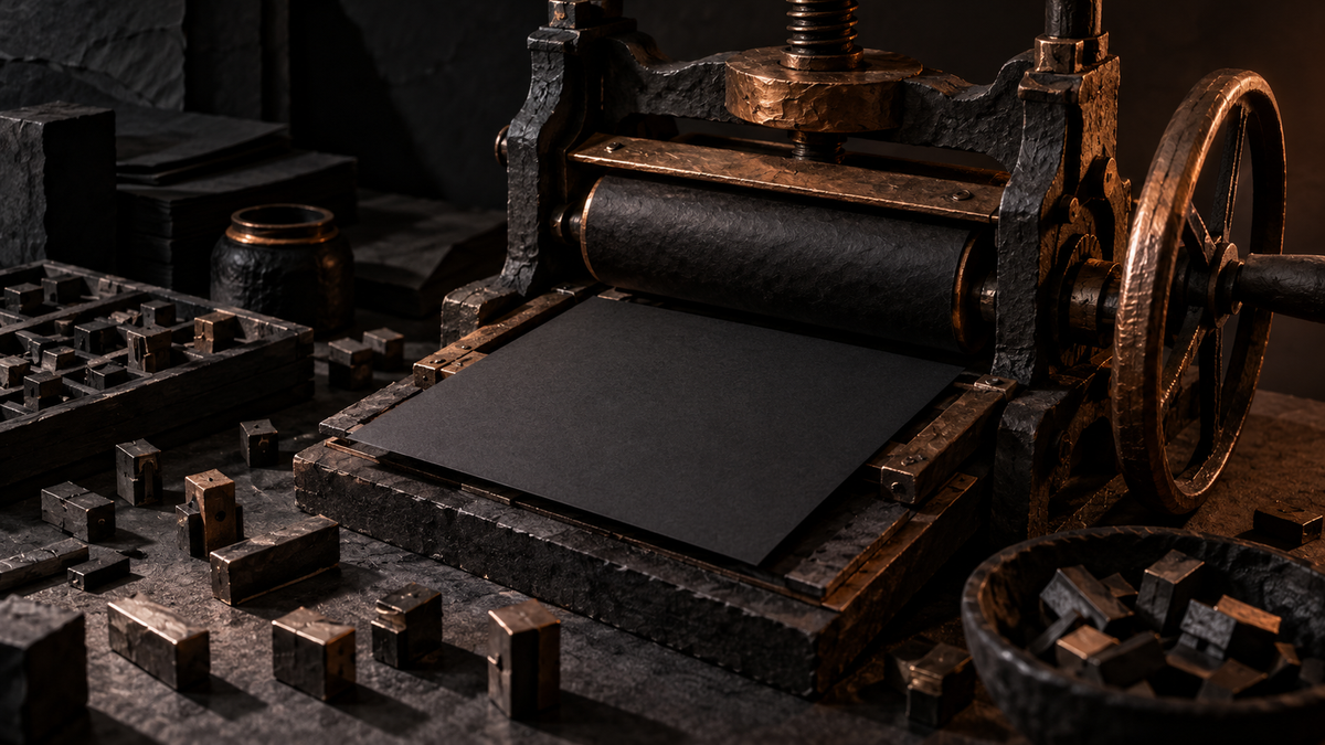 Blank black card under an antique printing press