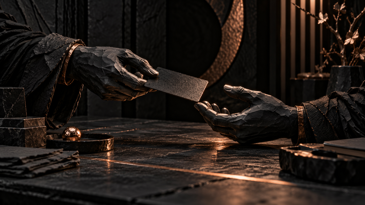 Sculpted hands passing an unmarked black card across a table