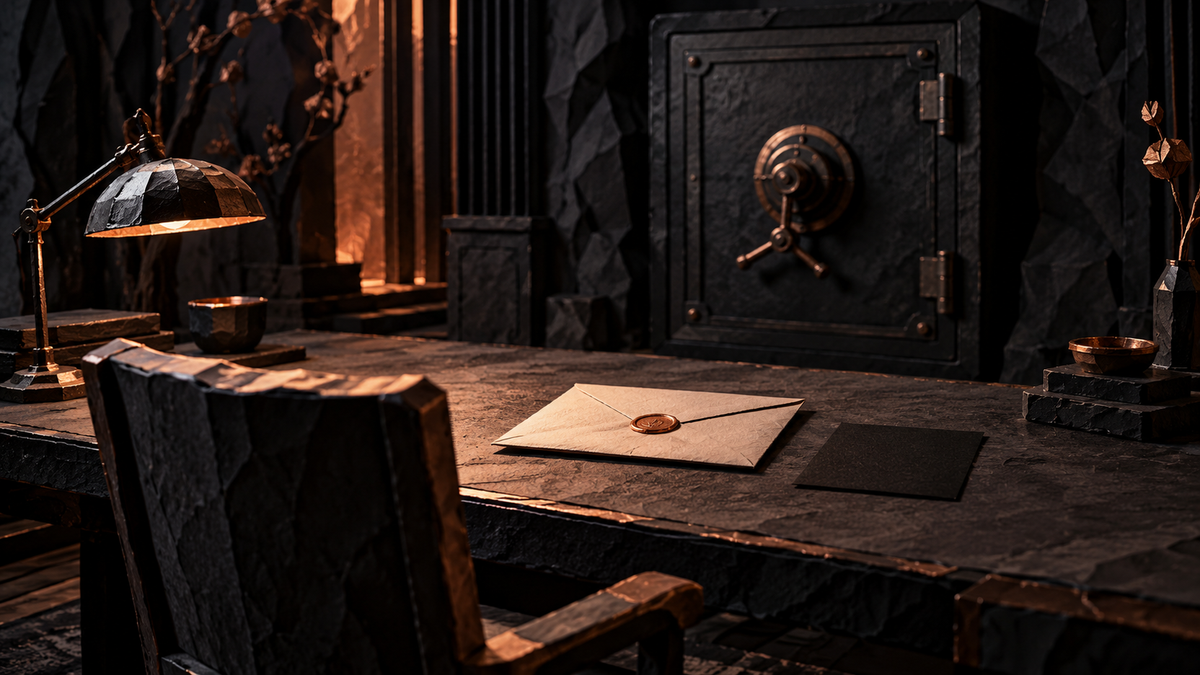Blank envelope and black card on a desk before a closed safe