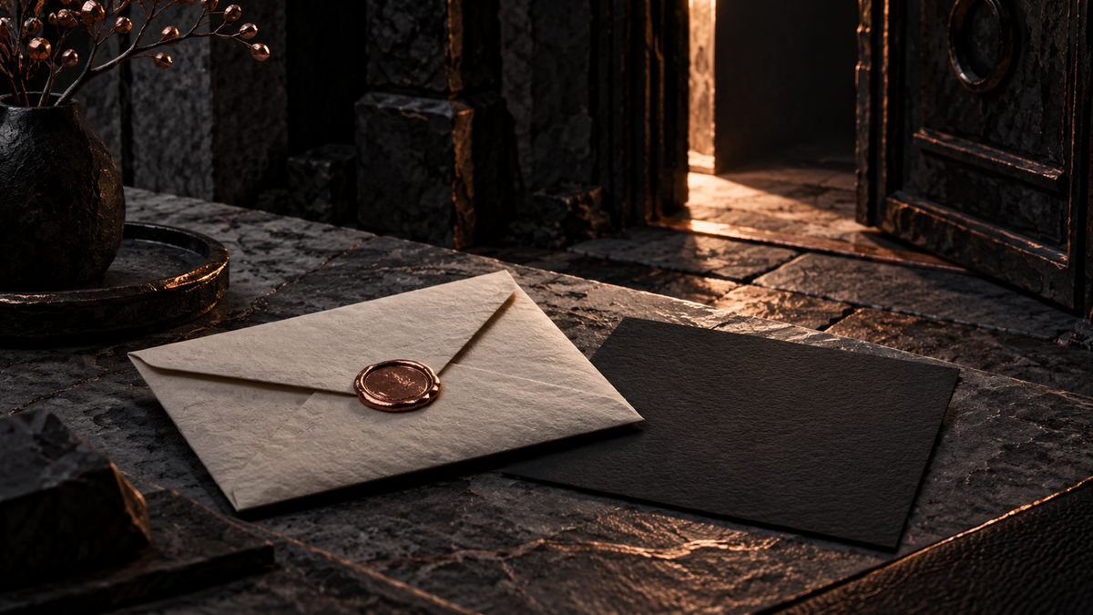 Sealed envelope and blank black card beside an open doorway