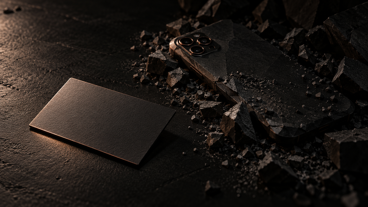 Face-down phone among broken stone beside an intact black card