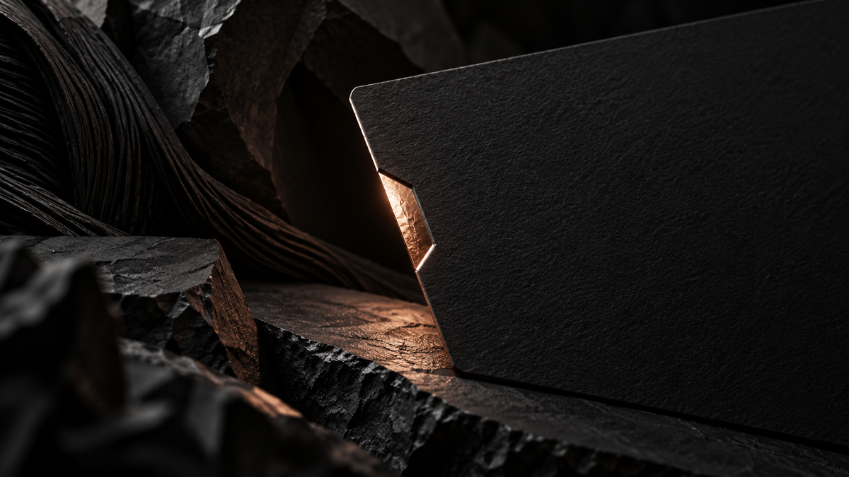 Subtle rose-gold notch on the edge of a blank black card