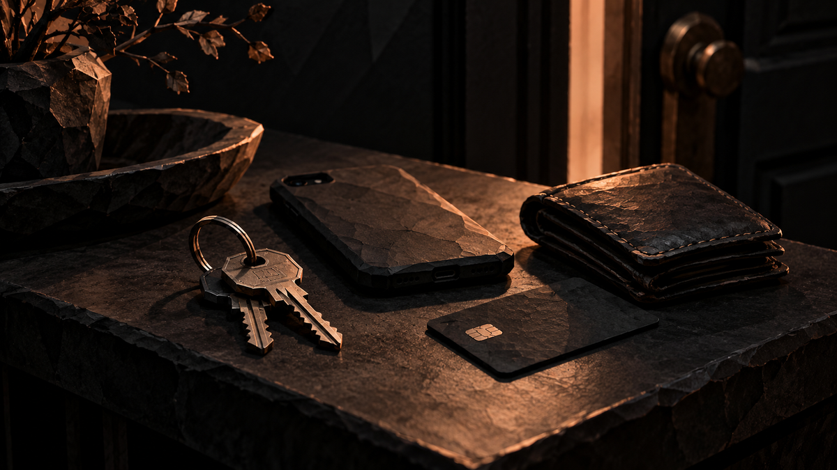 Keys, closed phone, wallet and black card on a dark table