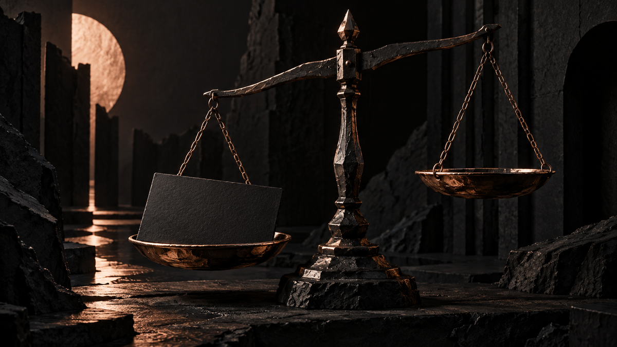 Black card weighing down one side of an antique balance scale