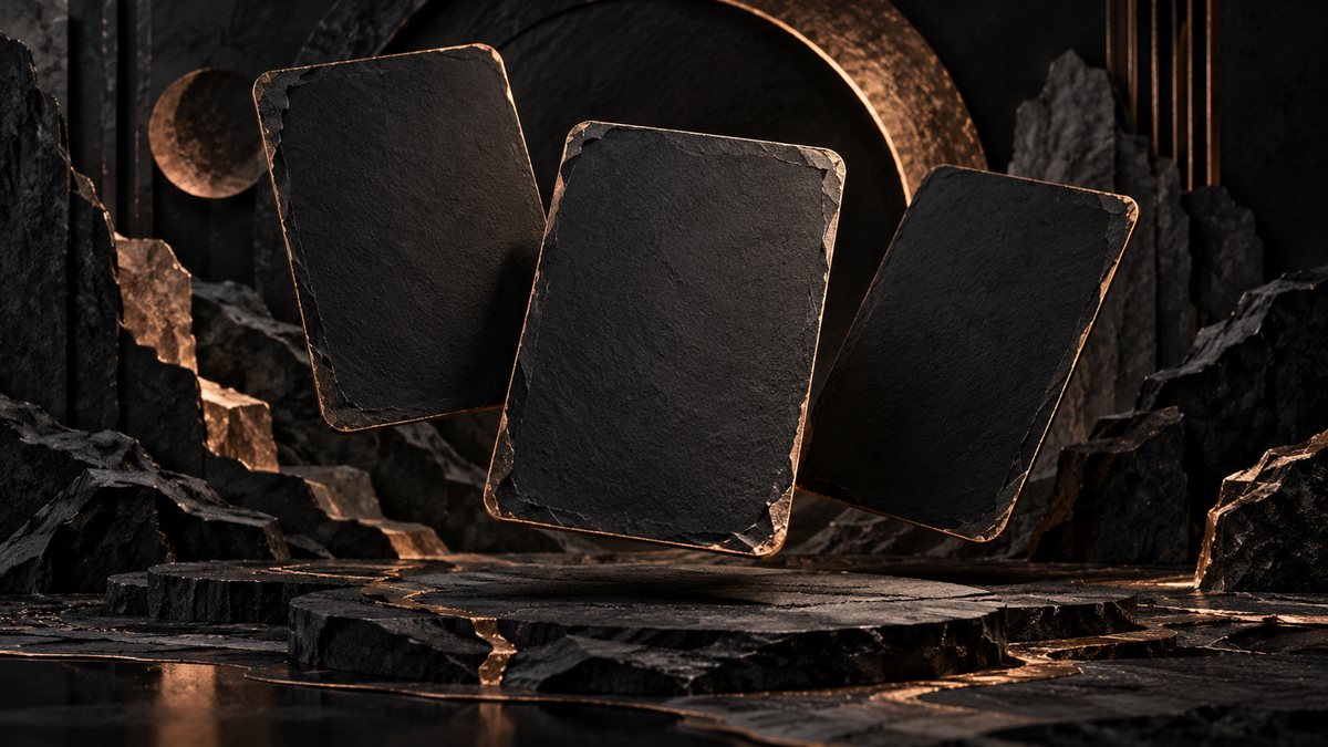 Three unmarked black cards arranged in a layered stone scene