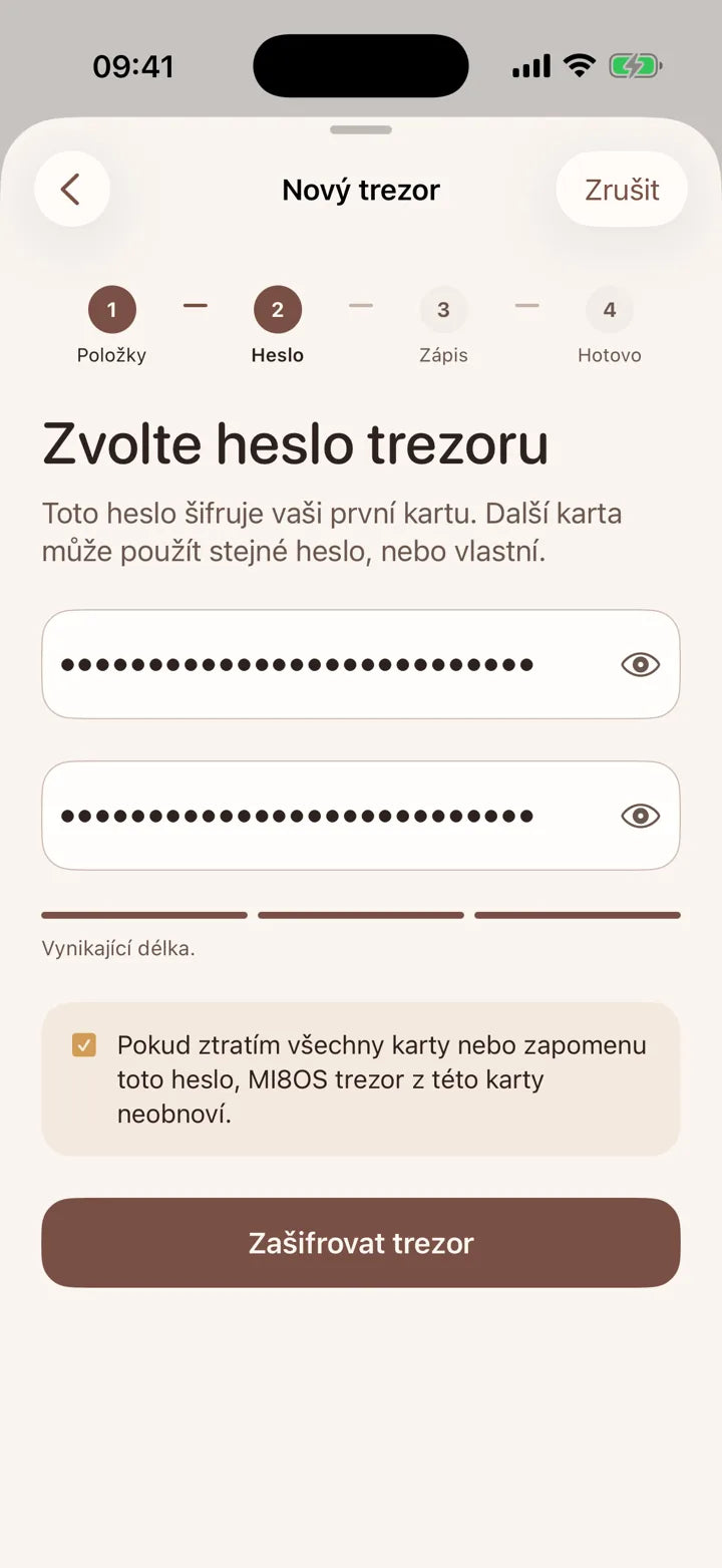 Aplikace MI8OS na iPhonu, nastavení hesla trezoru