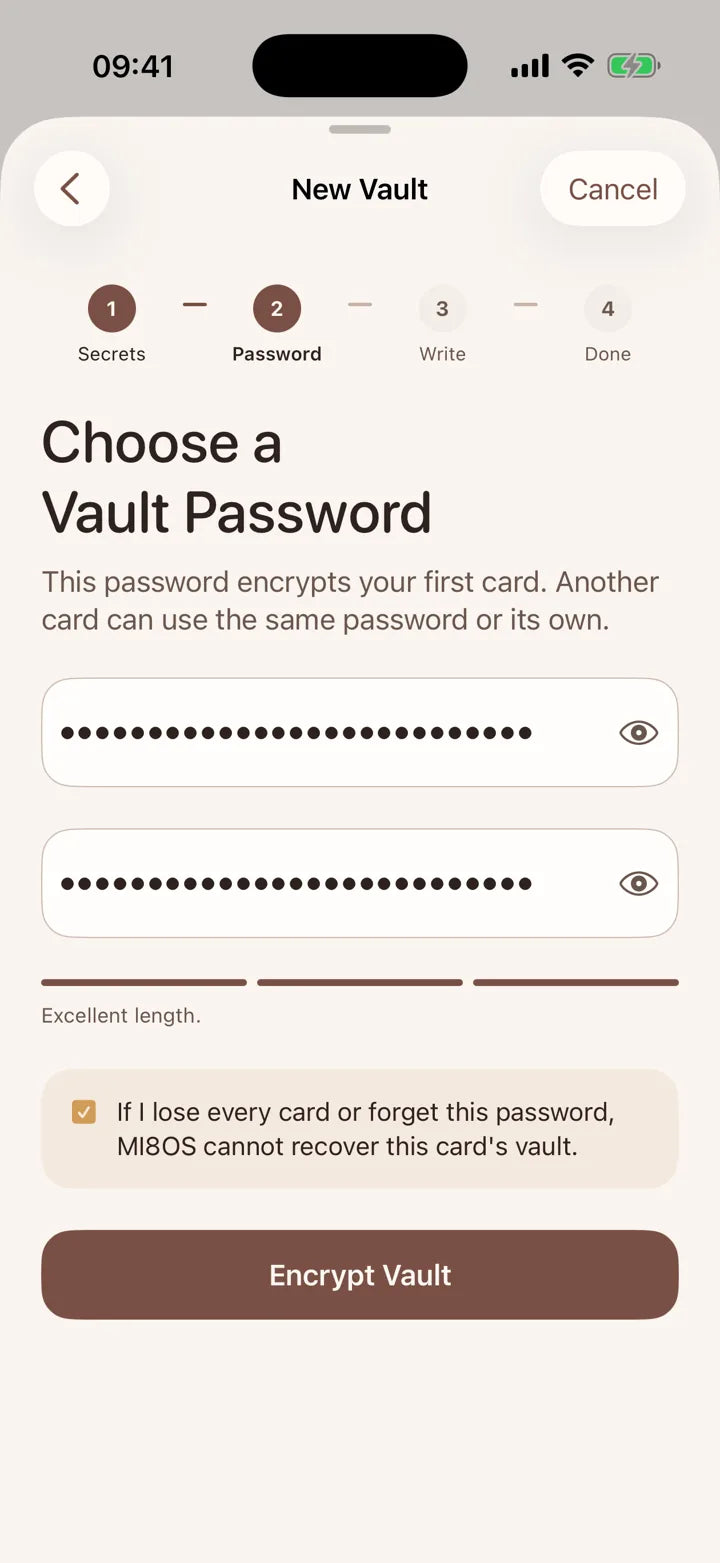 MI8OS app on iPhone, setting the Vault Password