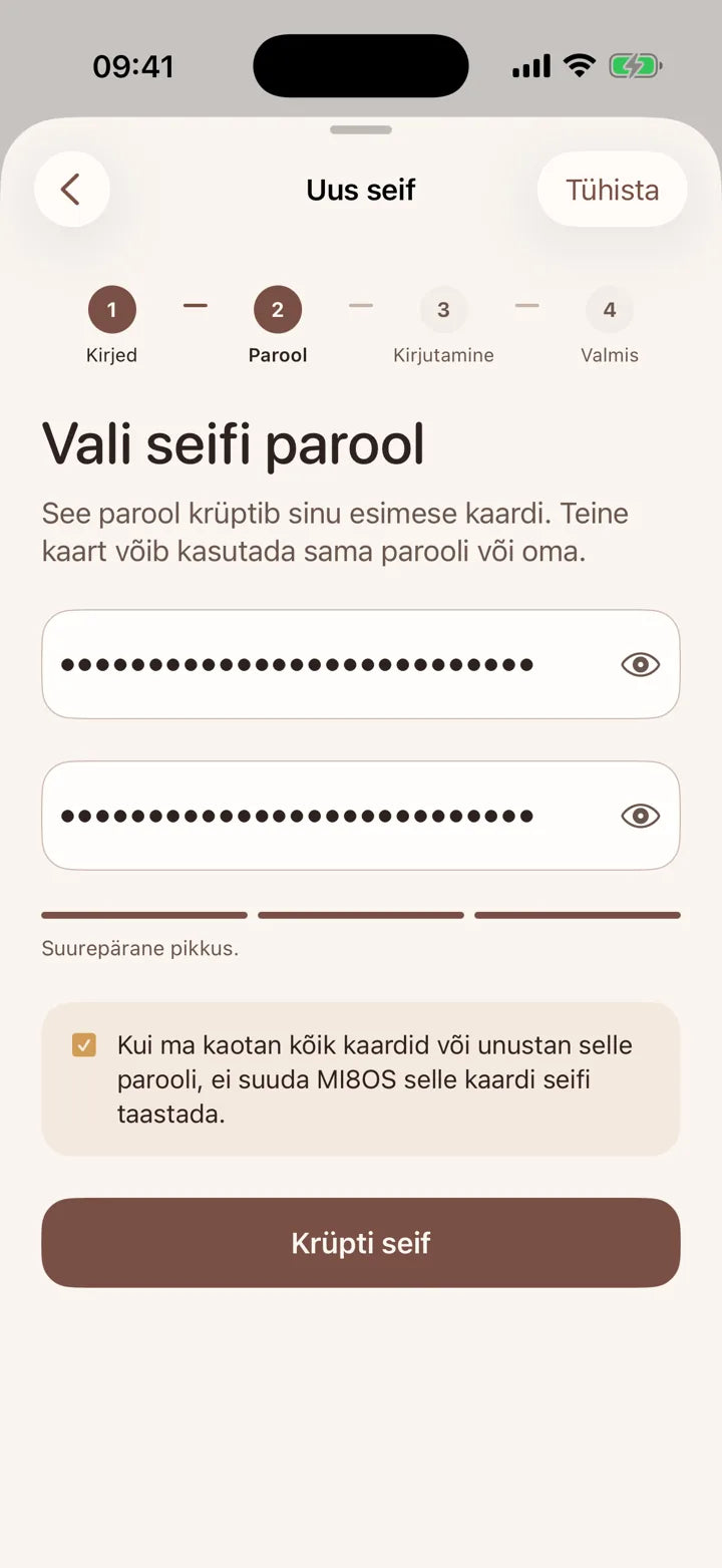 MI8OS-i rakendus iPhone’is, seifi parooli määramine