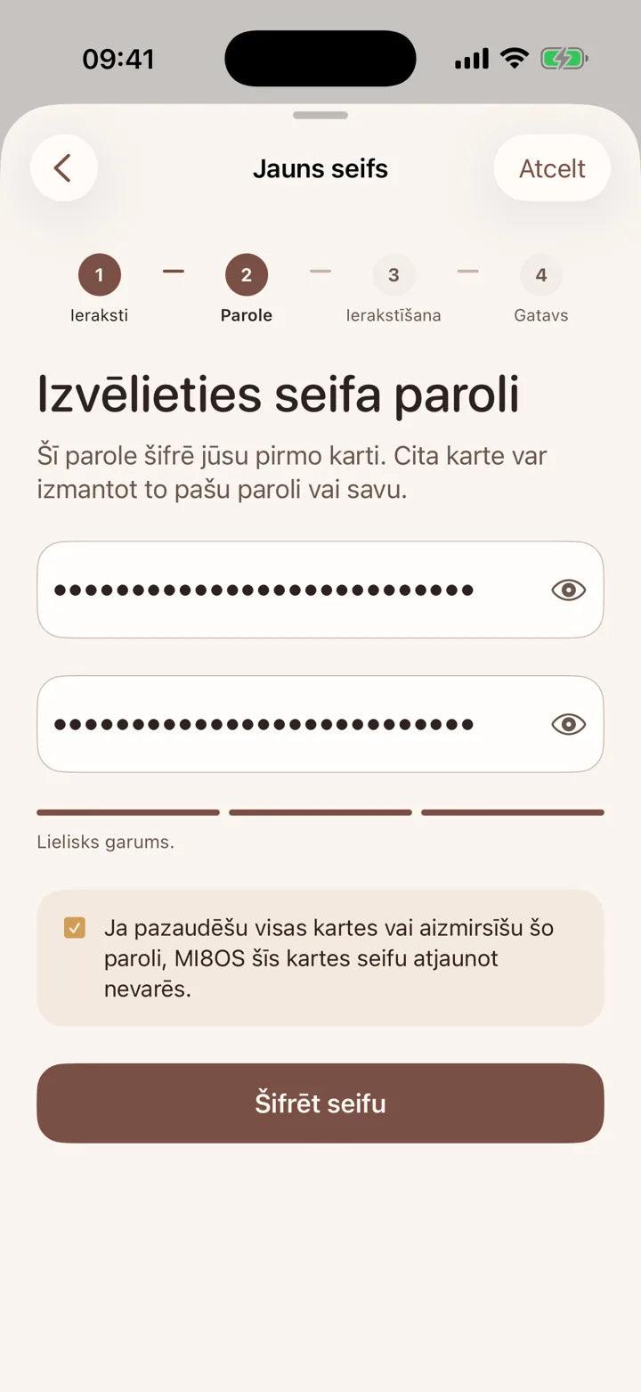 MI8OS lietotne iPhone tālrunī, seifa paroles iestatīšana