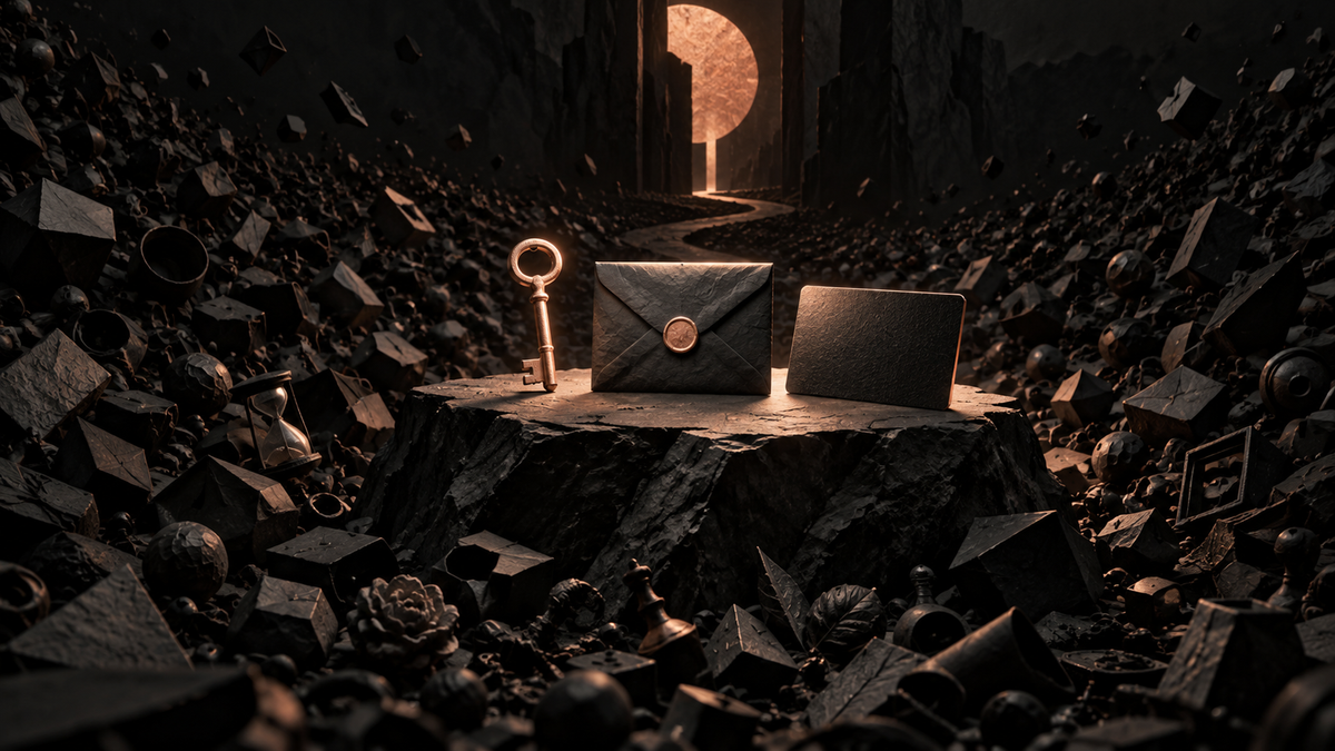 Key, envelope and black card on a lit plinth amid dark objects