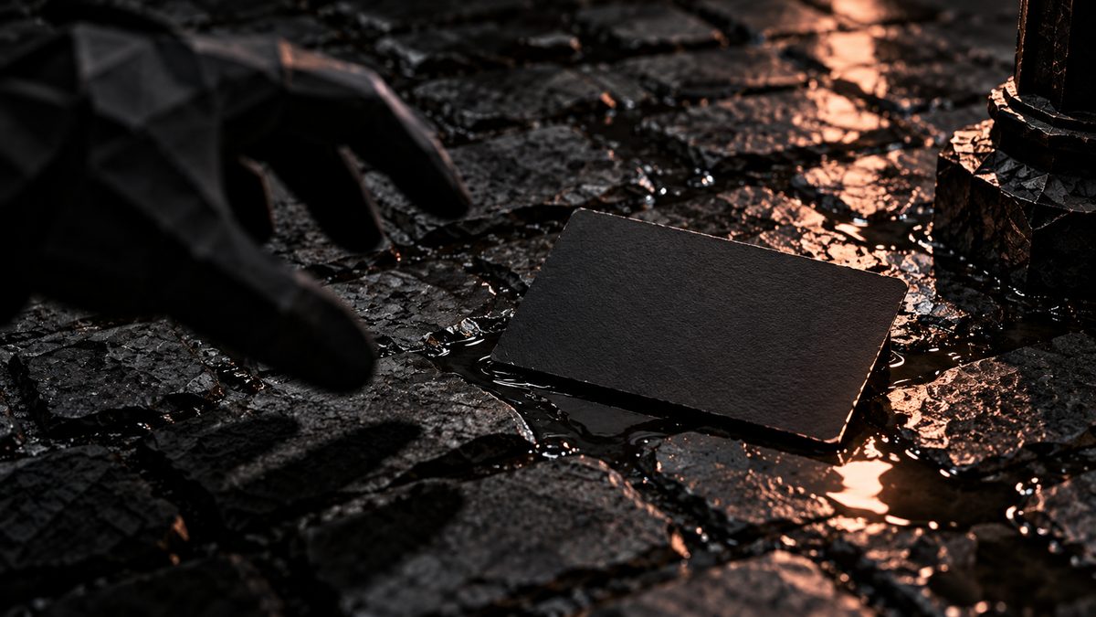 Unmarked black card on wet cobblestones with reaching shadows