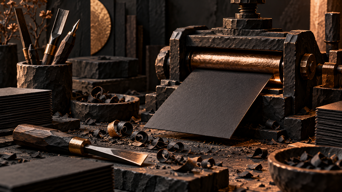 Blank black card emerging from a handmade press