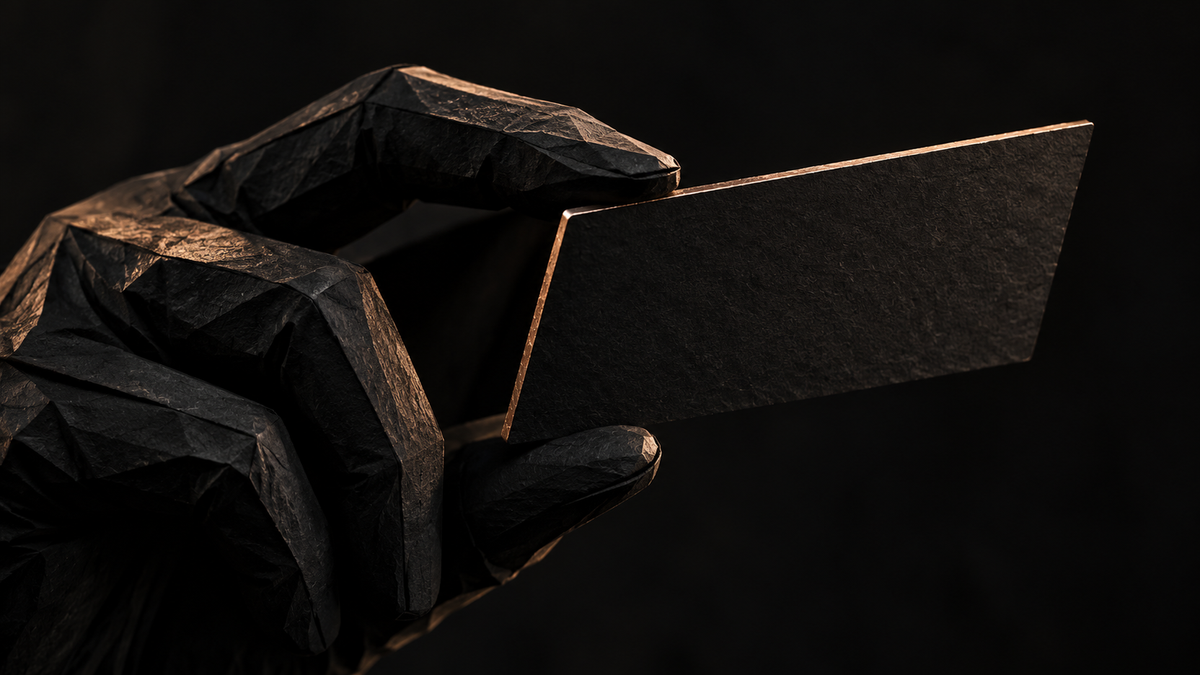 Sculpted gloved hand holding an unmarked black card