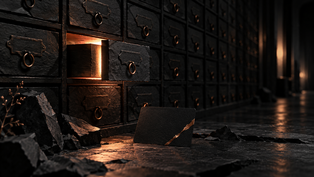 Wall of locked drawers with one lit opening and a black card outside