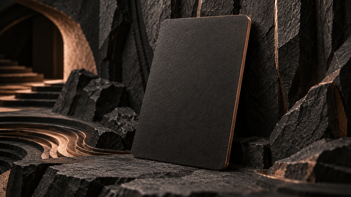 Unmarked black card standing against a carved stone wall