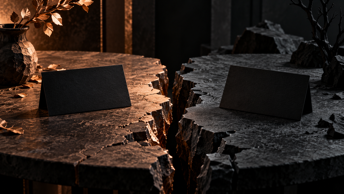 Two black cards separated by a crack in a stone table