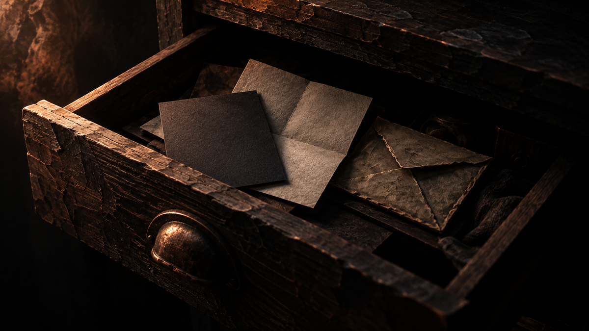 Open wooden drawer holding blank papers and a black card in a dark sculpted scene