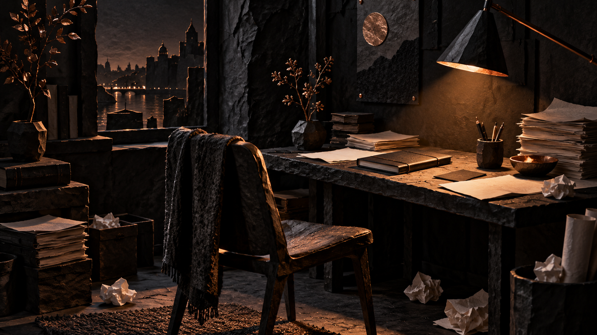 Empty work chair and papers at a solitary dark desk