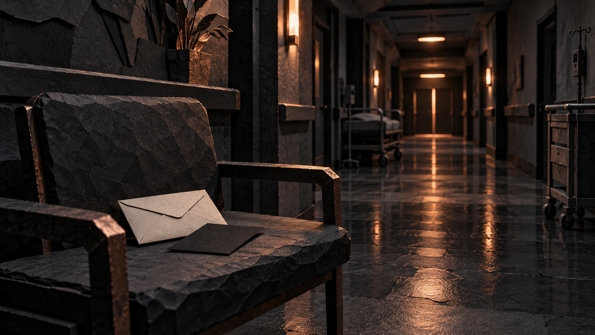 Empty chair with an envelope in a quiet hospital corridor