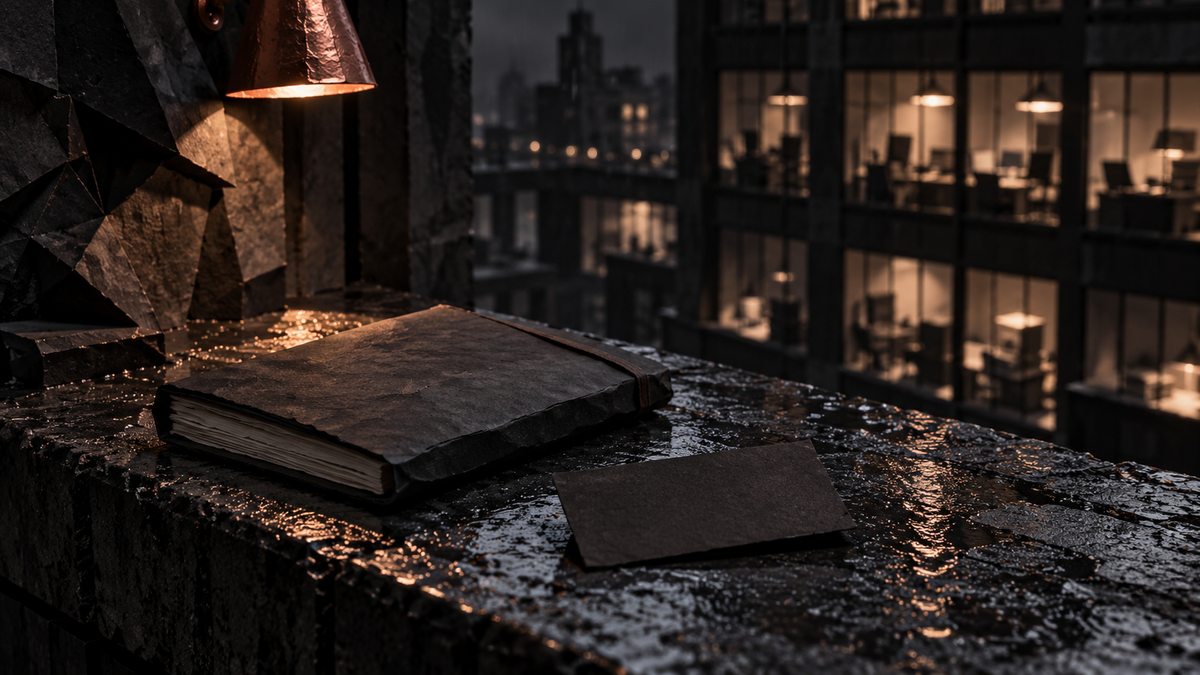 Closed notebook and black card on a dark ledge overlooking city lights