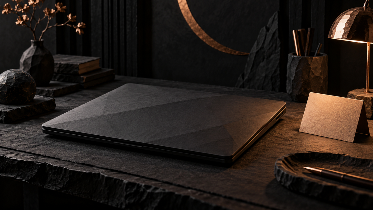 Closed laptop and separate black card on a dark desk