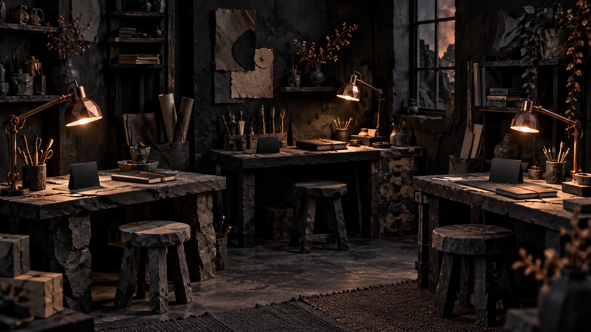 Three workstations with black cards in a small dark workshop