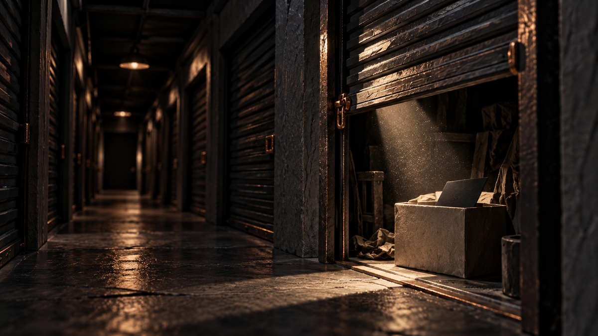 Open storage unit with a small box in a dark corridor