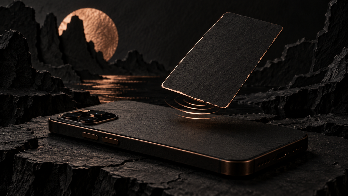Black card hovering above the back of a closed phone