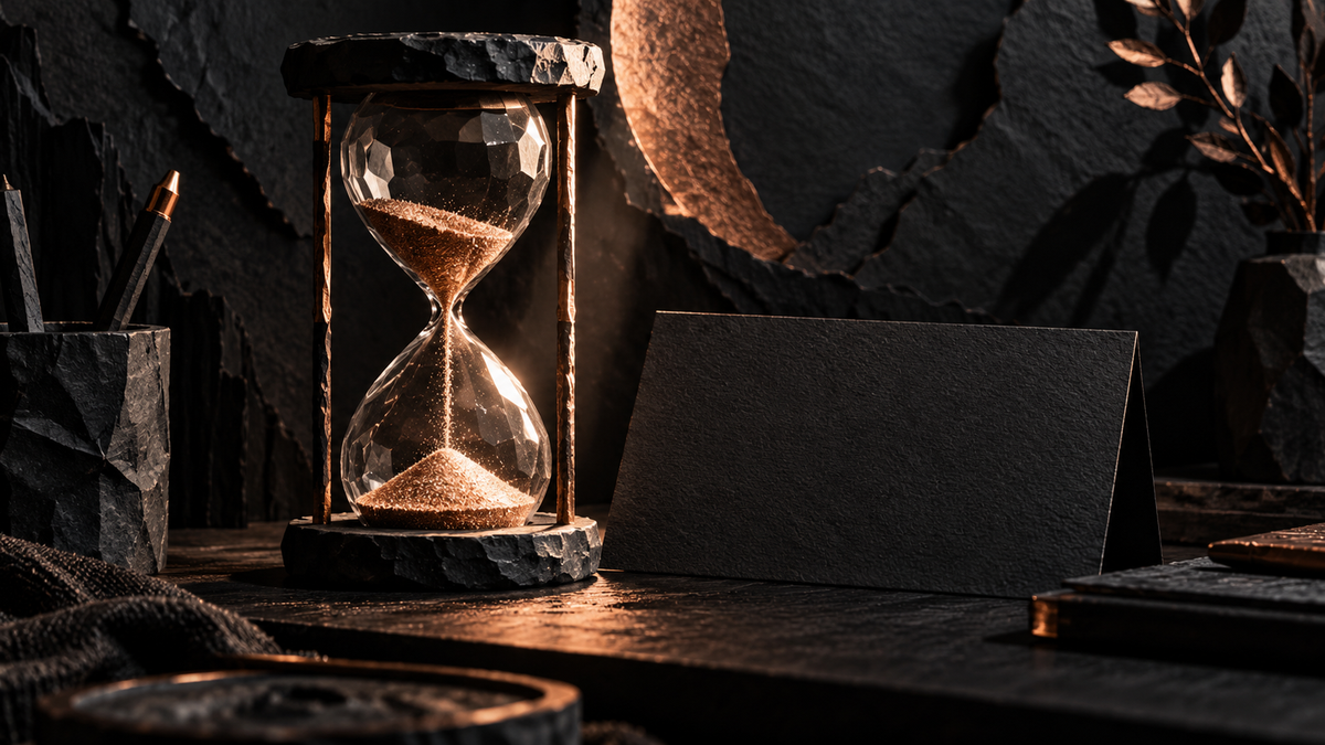 Sand timer beside an unmarked black card on a dark desk