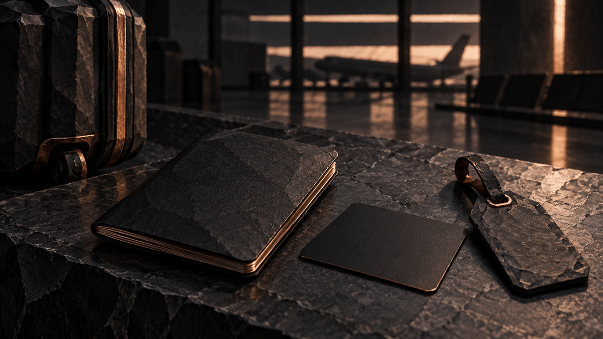 Closed passport, luggage and black card on a dark stone counter