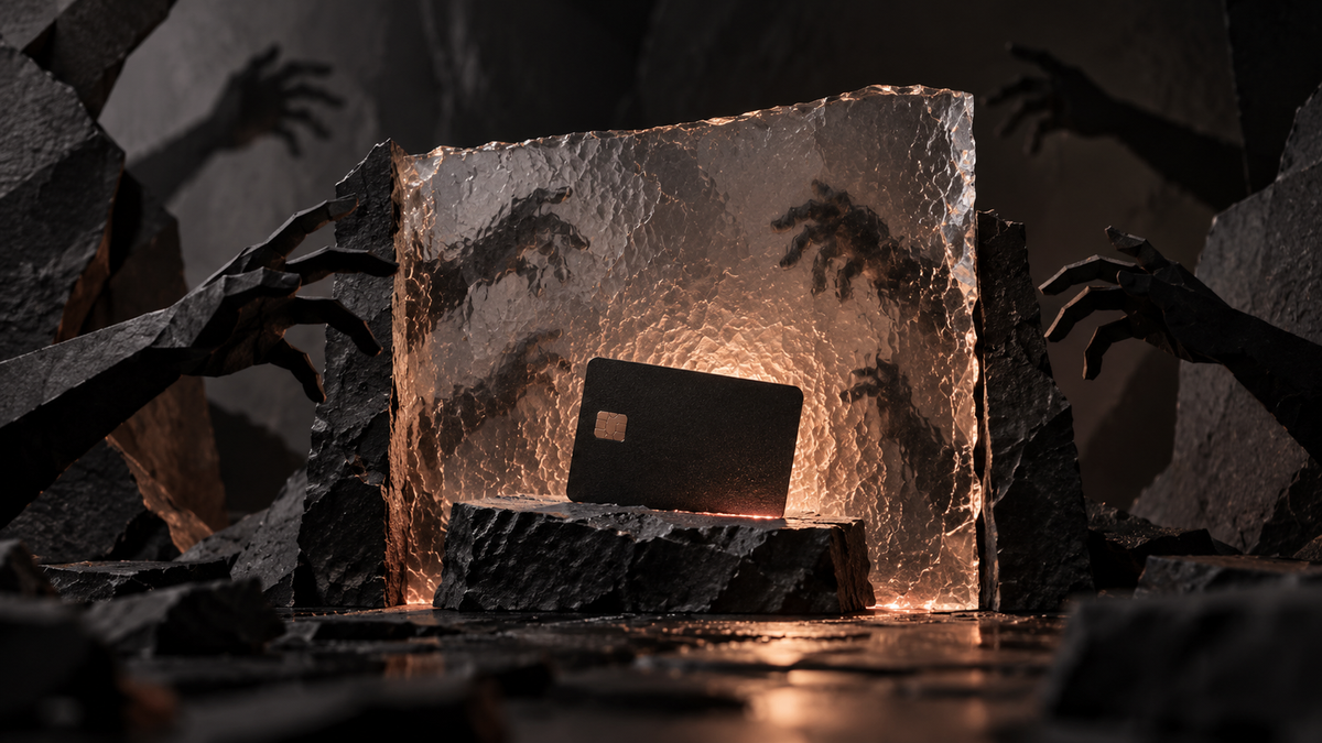 Black card behind a translucent barrier with reaching shadows