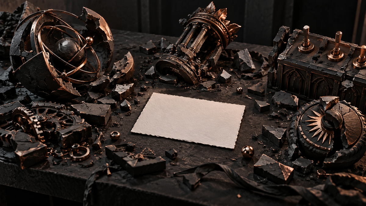 Plain card amid discarded mechanical parts on a dark workbench
