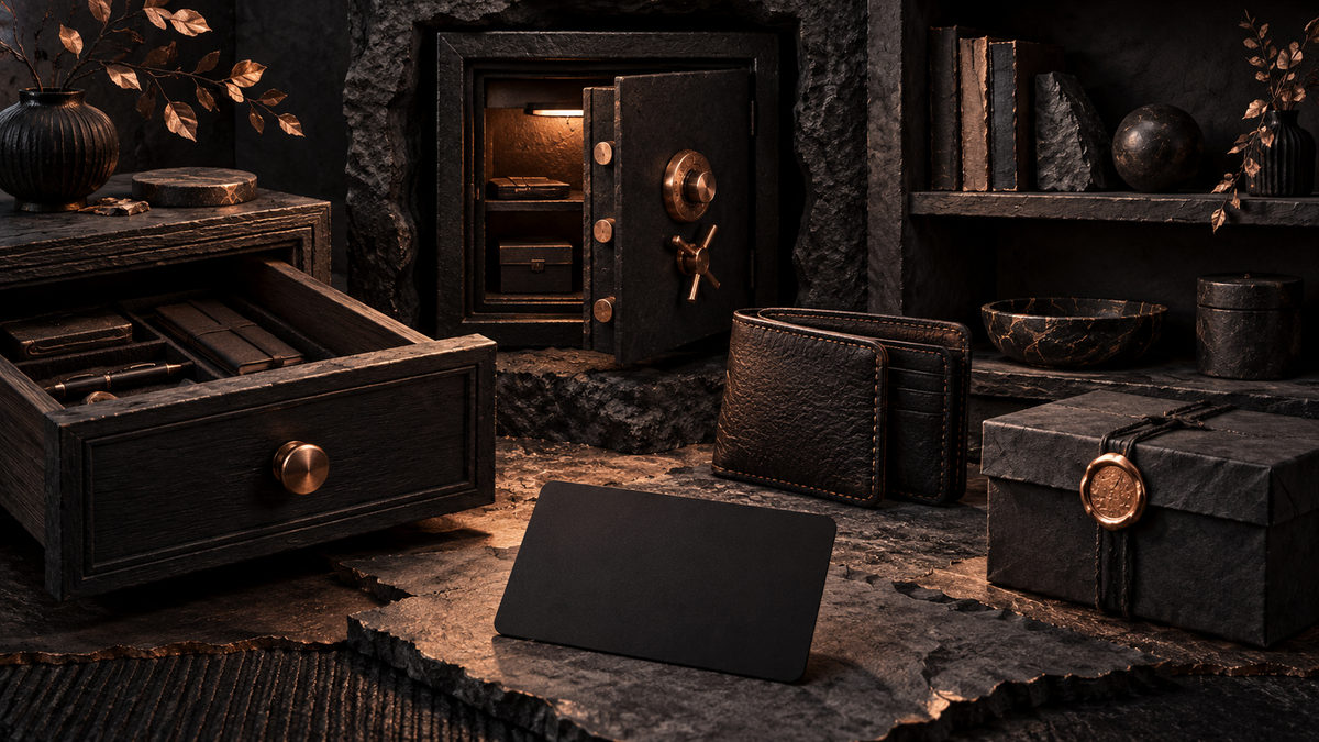 Black card before a drawer, safe, wallet and storage box