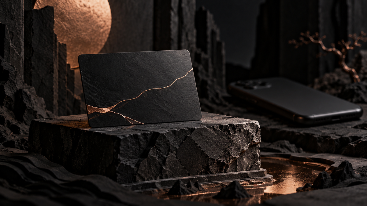Physical black card in focus with a closed phone in the background