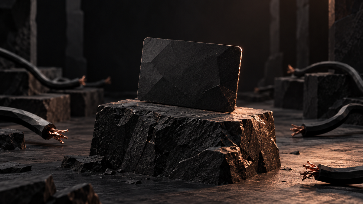 Black card isolated on a stone plinth amid disconnected cables