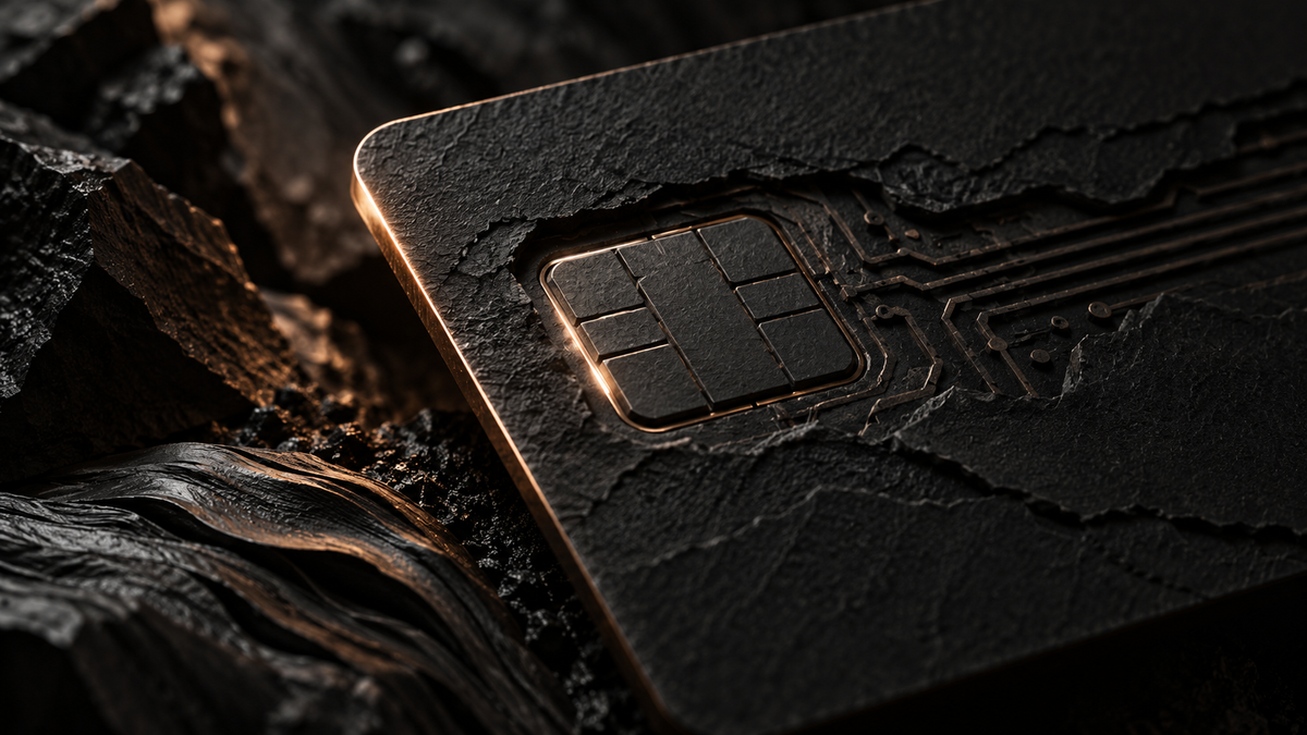 Close-up of an embedded chip in the edge of a black card