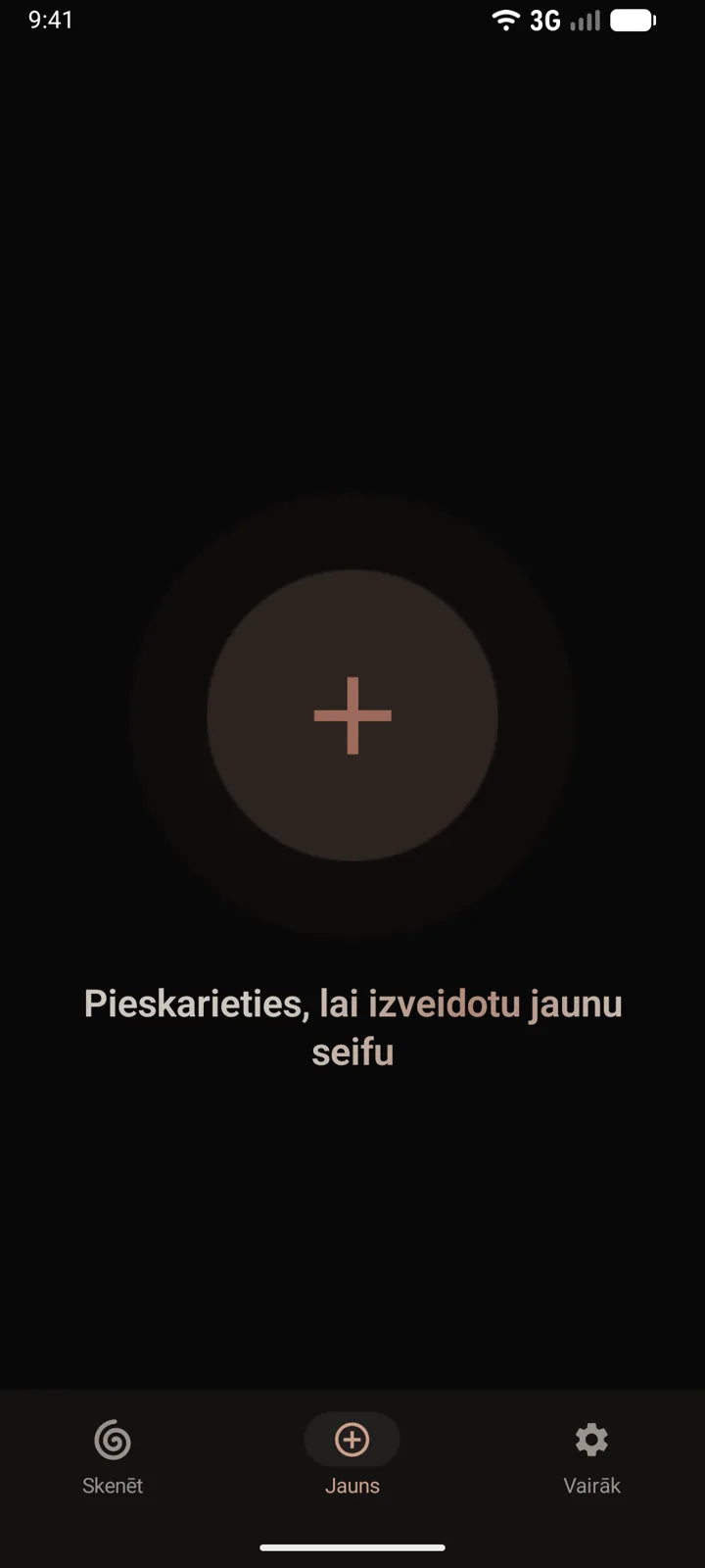 MI8OS lietotne Android tālrunī, jauna seifa izveide