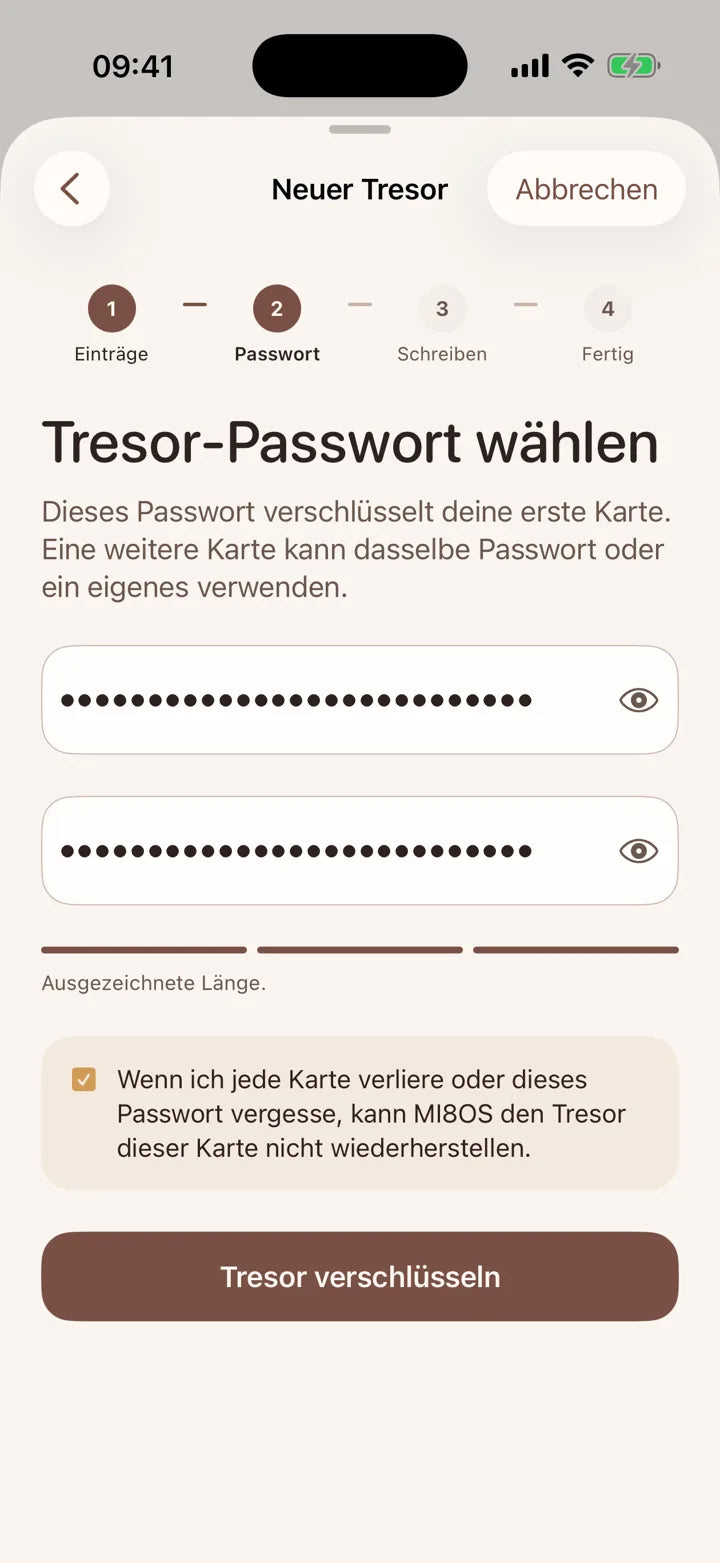 MI8OS App auf dem iPhone beim Festlegen des Tresor-Passworts