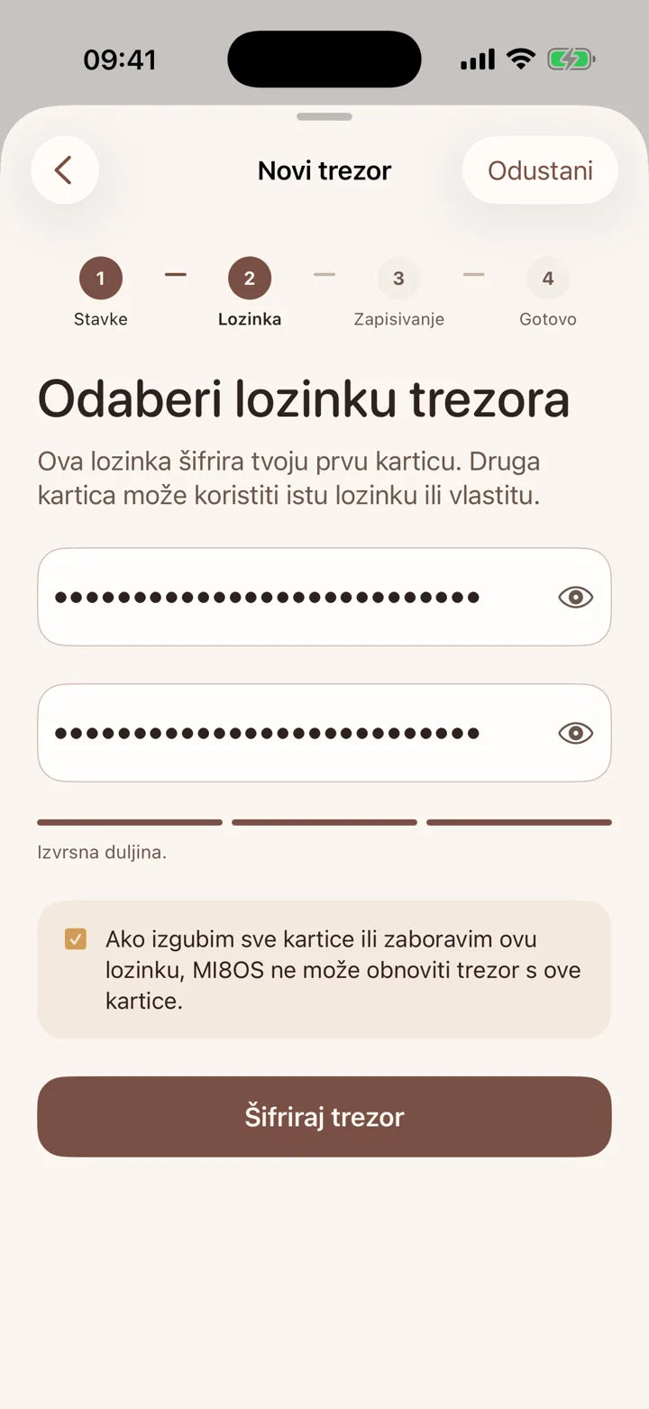 Aplikacija MI8OS na iPhoneu, postavljanje lozinke trezora