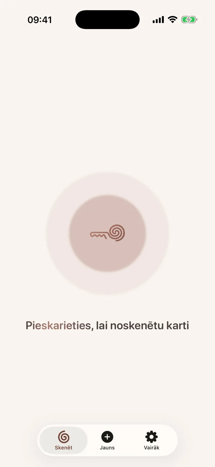 MI8OS lietotne iPhone tālrunī, gatava skenēt MI8OS Card