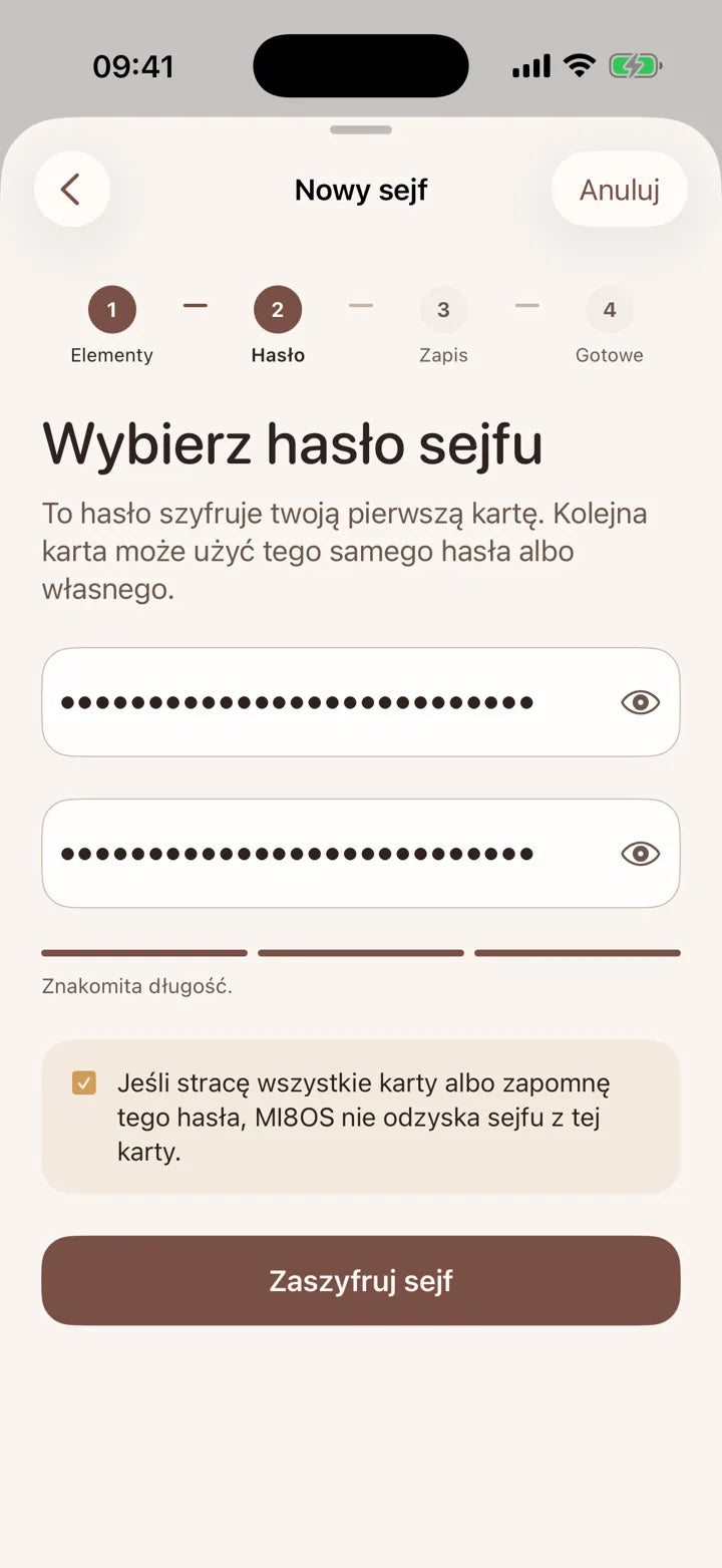 Aplikacja MI8OS na iPhonie, ustawianie hasła sejfu