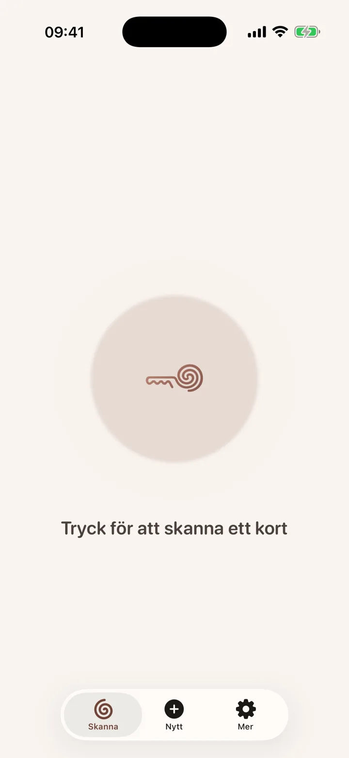 MI8OS-appen på iPhone, redo att skanna ett MI8OS Card