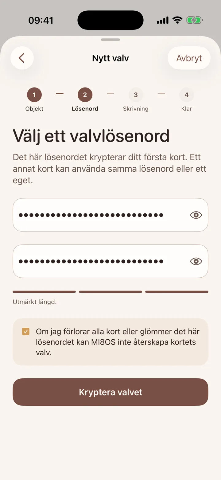 MI8OS-appen på iPhone när valvlösenordet ställs in