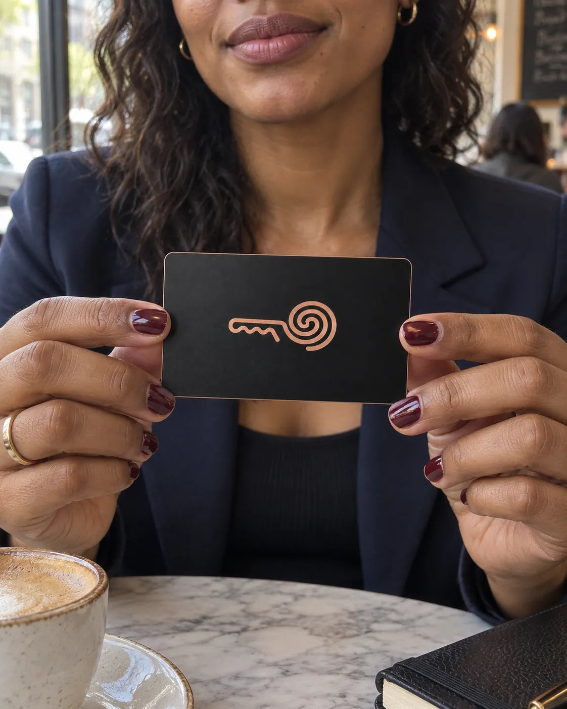 A woman in a café holding up her MI8OS Card